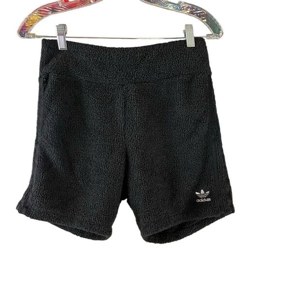 Adidas  Lounge Black Shorts Small Fuzzy Teddy Sherpa Fleece Athleisure - Picture 1 of 4